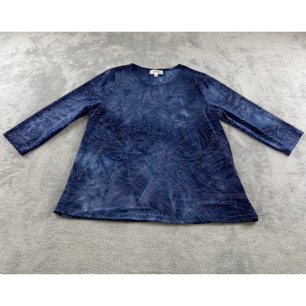 Lavish Womens Blue Marble Tie Dye 3/4 Sleeve Crew Neck Blouse‎ Top Size Large